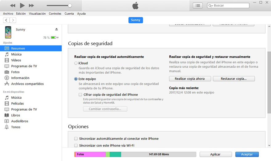 realizar copia de seguridad con itunes