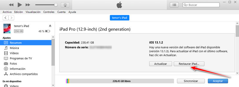 restaurar ipad con itunes