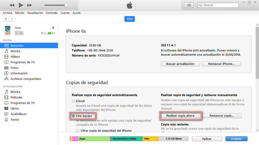 transferir la copia de seguridad de itunes al nuevo ios